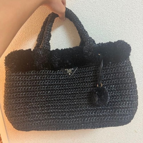 Prada Black Raffia Crochet Basket Tote Bag Pom Pom Fringe Triangle Logo Handbag
