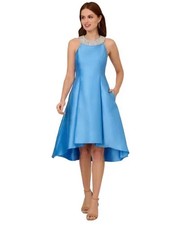Adrianna Papell Blue Mikado Fit  Flare Beaded Neck Midi Dress Size 6 179