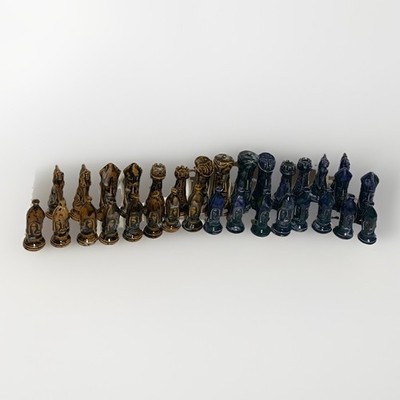 Vintage Ceramic Chess Figures 32 Pieces Hand Painted Glossy Blue/Brown 4'' King