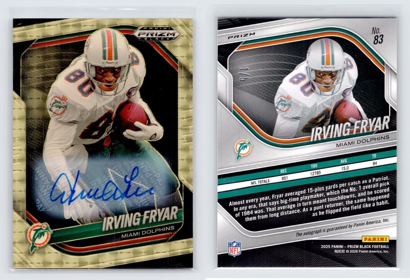 2025 Panini Prizm Black FOTL Irving Fryar Auto Gold Vinyl 1/5 Dolphins NM/MINT