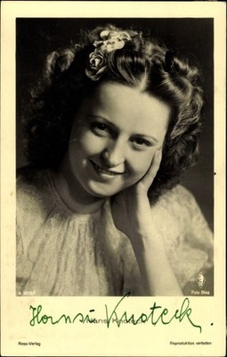 Ak Schauspielerin Hansi Knoteck, Portrait, Blumen im Haar, Autogramm - 4050763