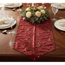 Holiday Christmas Red Shiny Table Runner 28" x 64" Floral Embroidered