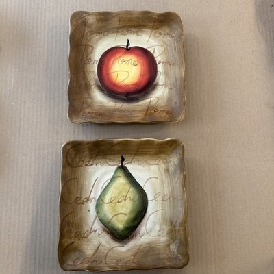 Set 2 Tabletops Fruition Hand Painted Pear & Apple Ceramic Plates. Hang/Use 9 