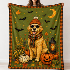 Halloween Dog Throw Blanket Golden Retriever Pumpkin Autumn Home Decor