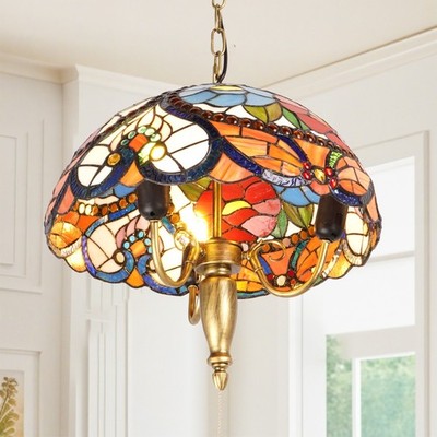 Tiffany Lamp,  3-head Bead Flower Glass Pendant Light, With Hanging Chain Switch