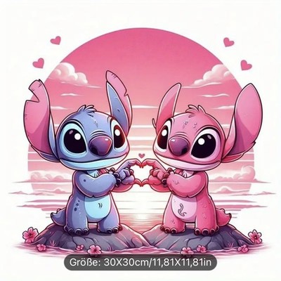 Diamond Painting Set Diamantmalerei Disney Stitch und Angel Mit Herzen  30x30cm