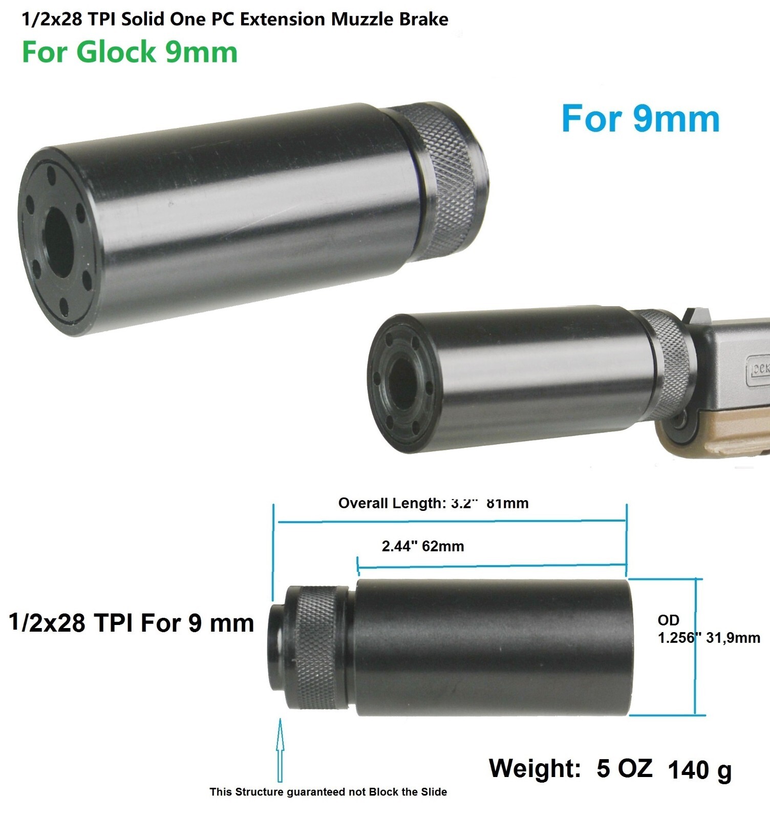 All 9 mm 1/2x28 TPI Low Concussion Solid One PC Barrel Extension Muzzle ...