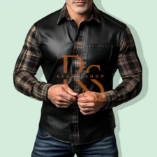 Men's Satin Fabric Sleeves Check Style Shirt Genuine Soft Lambskin Leather Shirt