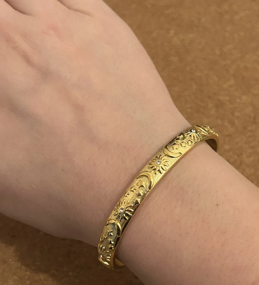 9K Gold Solid Heavy Moon, Stars & Sun Pattern Bangle CZ Engraved Stunning Plated - Image 4 of 4
