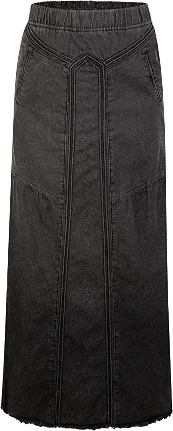 Women's Retro Elastic High Waist Frayed A-Line Maxi Denim Skirt with Pockets - Image 3 of 4