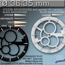 SKELETON DIAL, ETA 2824, SW200, ST P6-15 Ø 36,35 MM, BLACK, SILVER, APPLIED HR-M