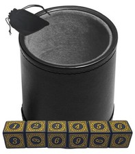  6 16mm Numbers Dice Yellow Black w/Pouch  PU Leather Grey Felt Lined Dice Cup