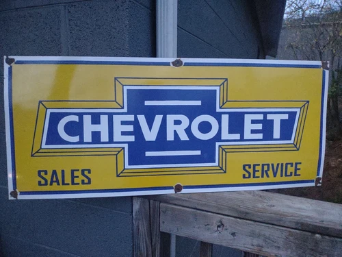 LARGE HUGE VINTAGE CHEVROLET AUTO DEALER SALES SERVICE 3FT PORCELAIN METAL SIGN
