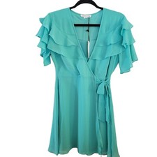 Loveriche Womens Deep V-Neck Wrap Ruffle Lined Mini Dress Size Medium