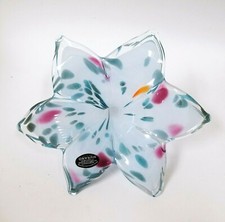 NEW GENUINE MURANO TEAL BLUE,PURPLE 6-PETAL ART GLASS FLAT FLOWER VASE-ITALY