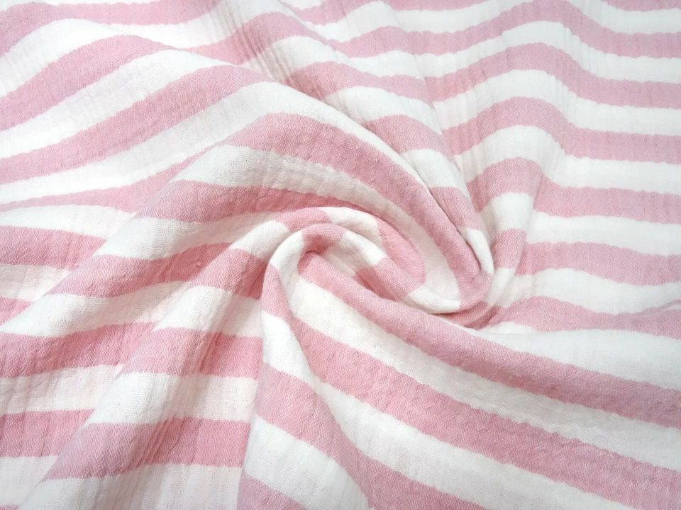 Resto de tela 30x120cm algodón muselina doble gasa 1,3cm rayas rosa blanco - Imagen 2 de 4