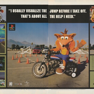 VTG 1999 Crash Bandicoot 3: Warped 2-Pg Print Ad PS1 Game Art 42x27cm EGM 115