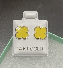 14K Yellow Gold small Four Leaf Yellow Flower Stud Earrings With Safety Backing