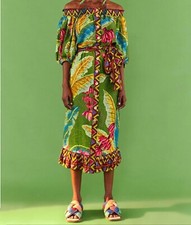 Farm Rio Women’s Banana Multicolor Leaves Off The Shoulder Midi Dress XS NWT