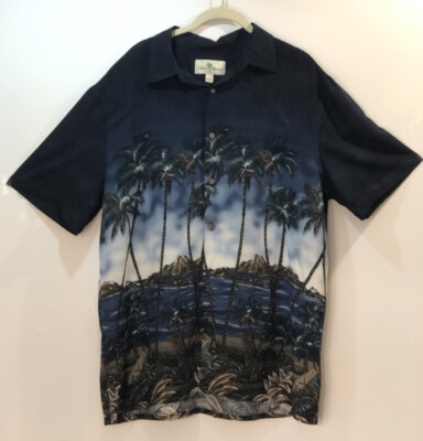Island Shores Hawaiian Rayon Shirt Men’s Sz L, Tropical Coconut Trees Black  Blue