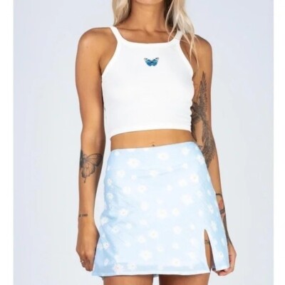 Princess Polly Baby Blue Daisy Print Mini Skirt w/ Slit - Size 4 - Coquette