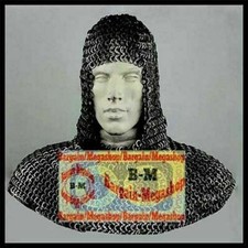 Black Flat Riveted w/ Flat Washer Chainmail Coif Chain Mail Hood Medieval Armour