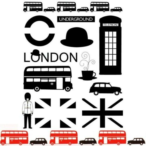 Estampillas de Londres - Union Jack, sombrero de boliche, autobús de Londres, taxi, caja telefónica, metro - Imagen 1 de 9