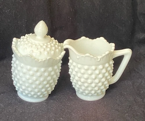 Vintage Fenton Hobnail White Milk Glass Creamer & Covered Sugar Bowl Set Scallop