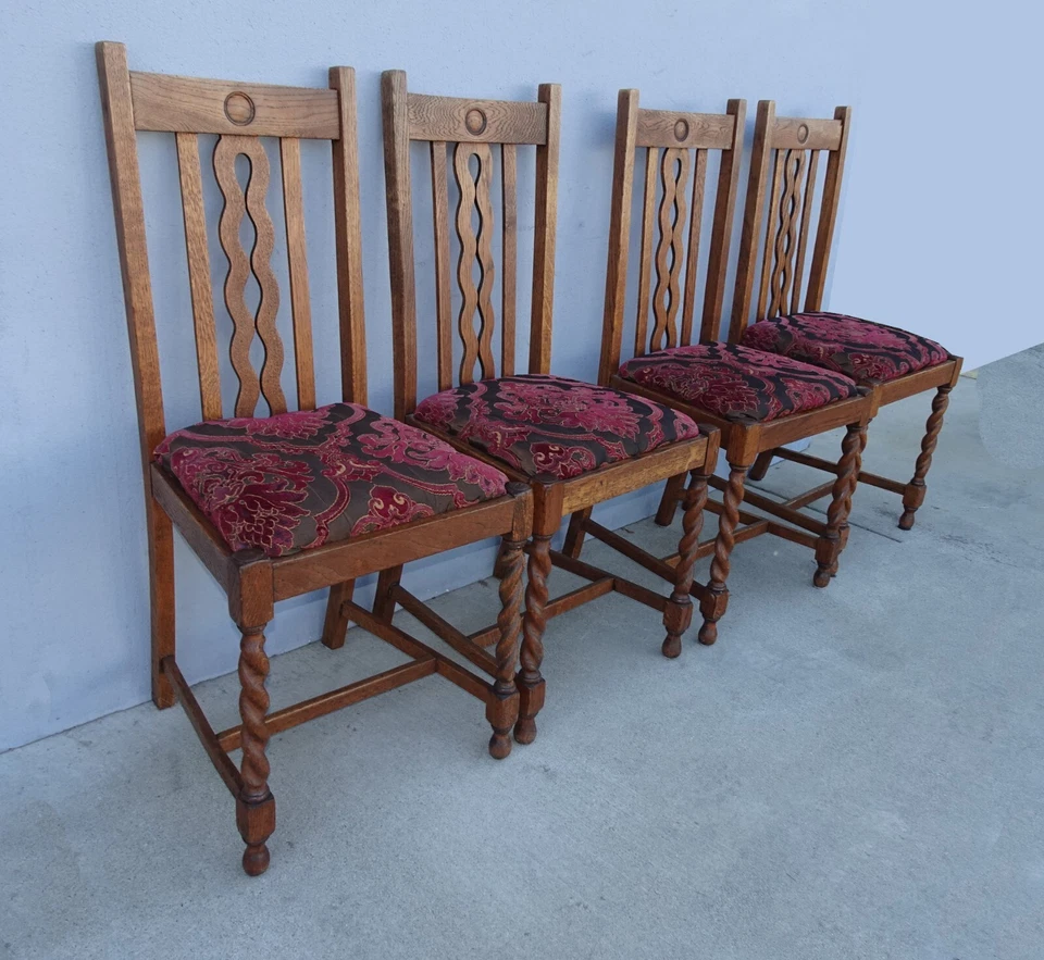 四件套复古Mission风格橡木大麦扭棕色餐厅椅子 — 第 3/4 张图片