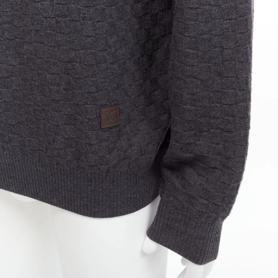 LOUIS VUITTON Damier grey wool cotton checks LV leather patch sweater L - Image 2 of 4