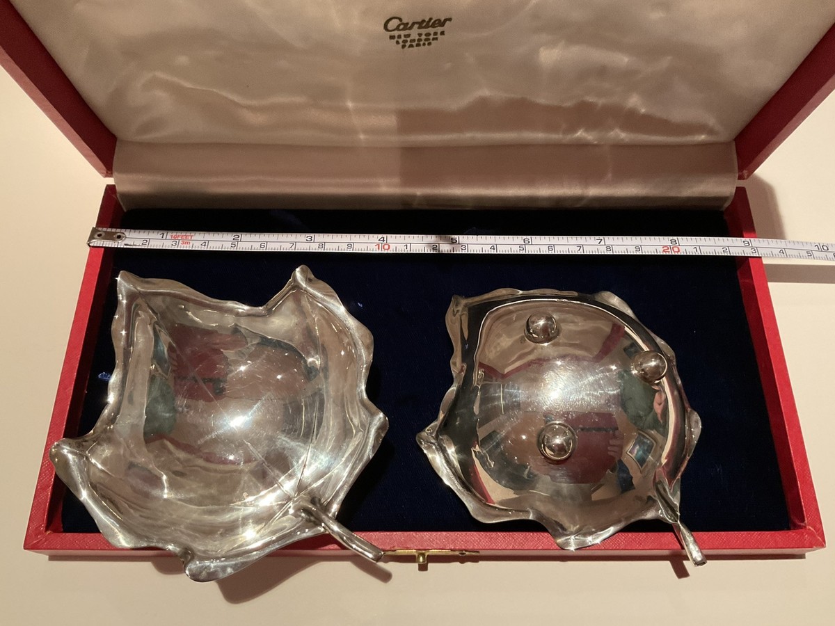 CARTIER Vintage Sterling Silver Maple Leaf Candy Nut Dish Set-with