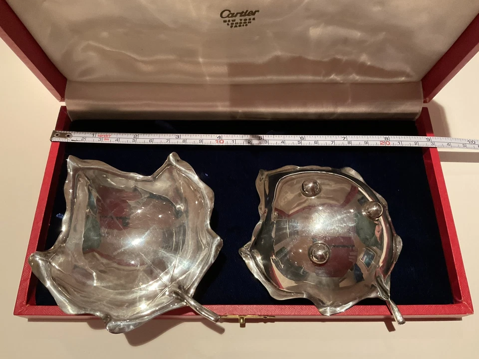 CARTIER Vintage Sterling Silver Maple Leaf Candy Nut Dish Set-with Original Box - Image 3 of 4