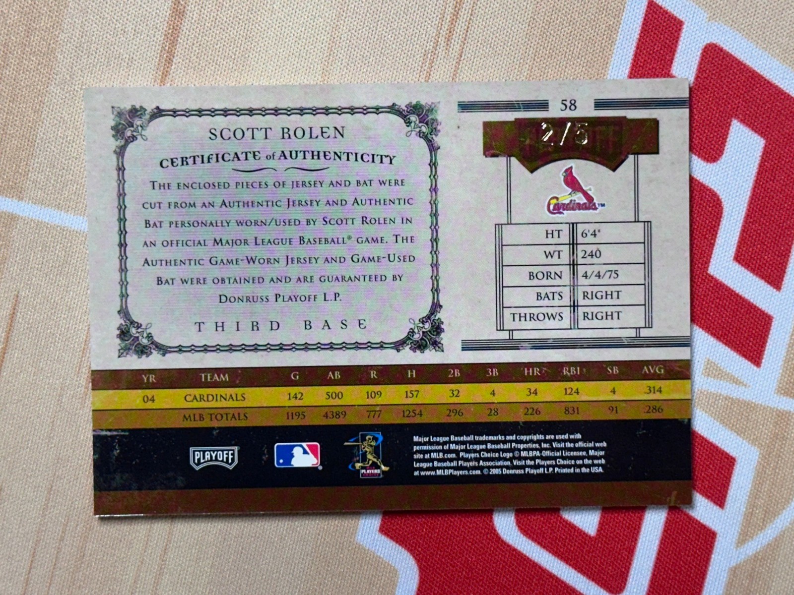 2005 Prime Cuts Scott Rolen Game Used Patch Auto #2/5 SSP Cardinals view 2