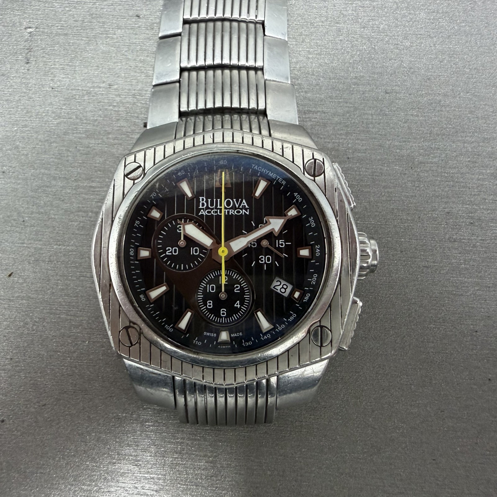 Bulova Accutron Chronograph Watch Men 42mm Black Dial Silver Tone 63B111 New Bat