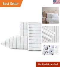 Luxury Queen Cotton Percale Sheet Set - Crisp Trenton Stripe Green Design