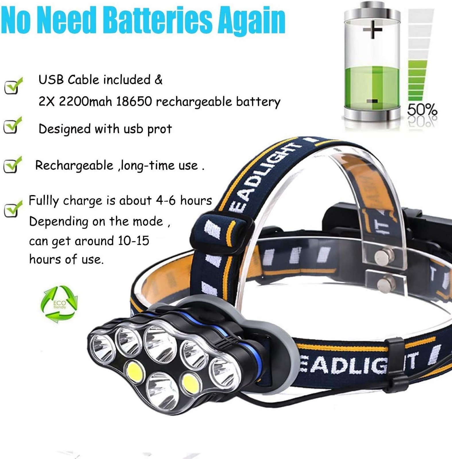 Rechargeable LED Head Torch IPX4 Waterproof Adjustable Headlamp Bright Light UK