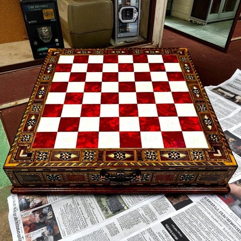 Luxury Handmade 15" Wooden Chess Board with Storage Drawer Inlaid Solid Wood 🎁 - Image 3 of 4
