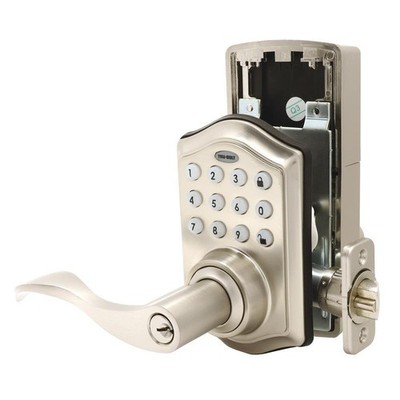 Satin Nickel Classic Electronic Keypad & Key Lock Entry Door Lever Handle Kit