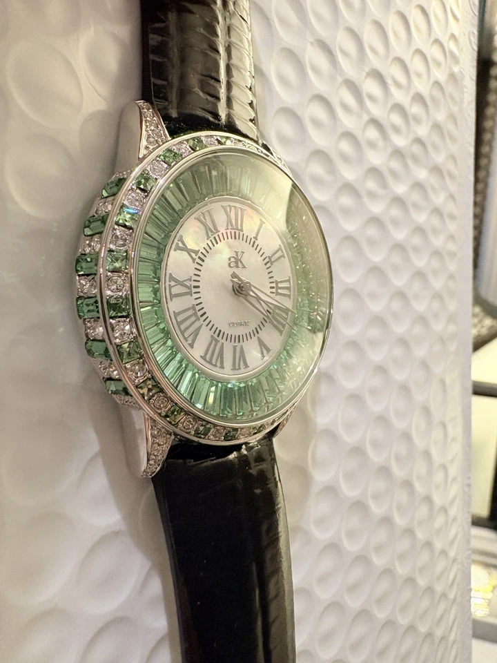 Adee Kaye Reloj Mujer Cuarzo Esfera Verde Reloj con Cuero Negro (Nuevo) Foto 3 de 4