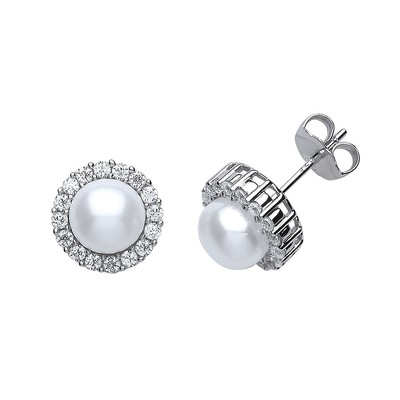 Silver Jewelco London CZ Pearl Halo Stud Earrings 8mm