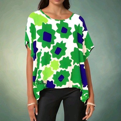 DIANE VON FURSTENBERG Crepe Silk Top New Hanky Green Paper Buds Oversized SMALL 