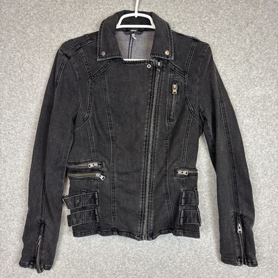 Free People Women s Moto Jacket Size 6 Charcoal Denim Zip Buckle