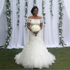 Mermaid Wedding Dresses Lace Top Long Puffy Ruched Tulle Off Shoulder BridalGown