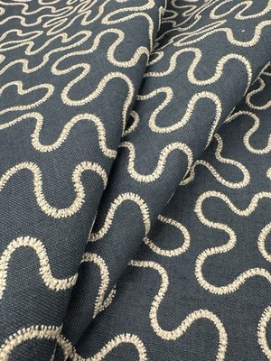 Schumacher Embroidered Vermicelli Weave Fabric- Meander Embroidery Indigo 2.15yd