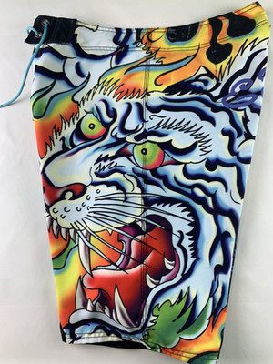Vtg Ed Hardy Mens Sz 34 ''Surf Or Die'' Tiger Graphic Beach Swim Board Shorts Y2K