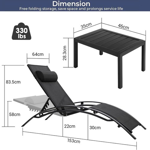 XXL Aluminium Sonnenliege 2er Set mit Beistelltisch 5-Fach Verstellbare Rückenle - Bild 20 von 26