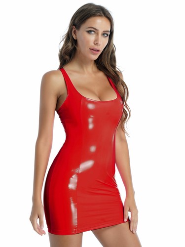 Women's Latex Leather Mini Dress Cutout Slim Fit Bodycon Dress Party Clubwear - Picture 53 of 59