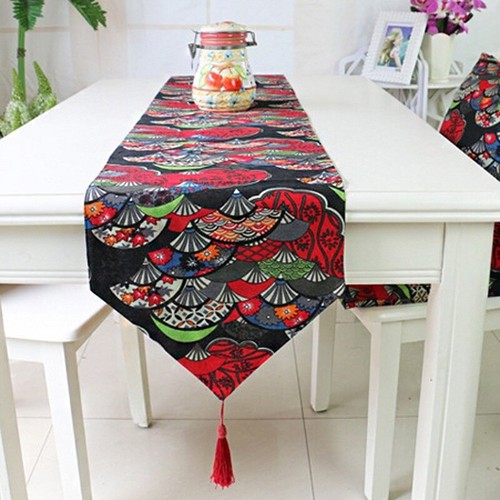 Japanese Print Table Runner Tassel Edge Desk Decoration Chinese Tablecloths - Picture 4 of 14