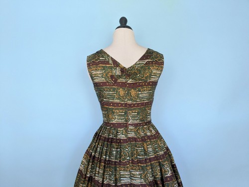 Vintage 50s Novelty Print Silk Day Dress, 1950s Striped Party Dress - Picture 6 of 12