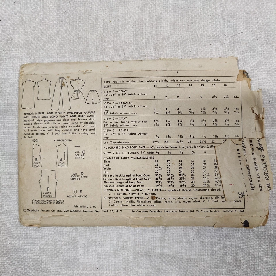 1966 Simplicity Sewing Pattern 4971 Pajamas Jr + Adult Womens Size 12 Uncut - Image 2 of 4